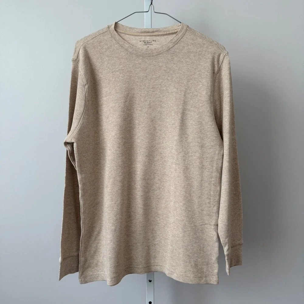 STRUCTURE sz M Mens Long Sleeve Thermal‎ Knit Slim Fit Shirt Beige Casual